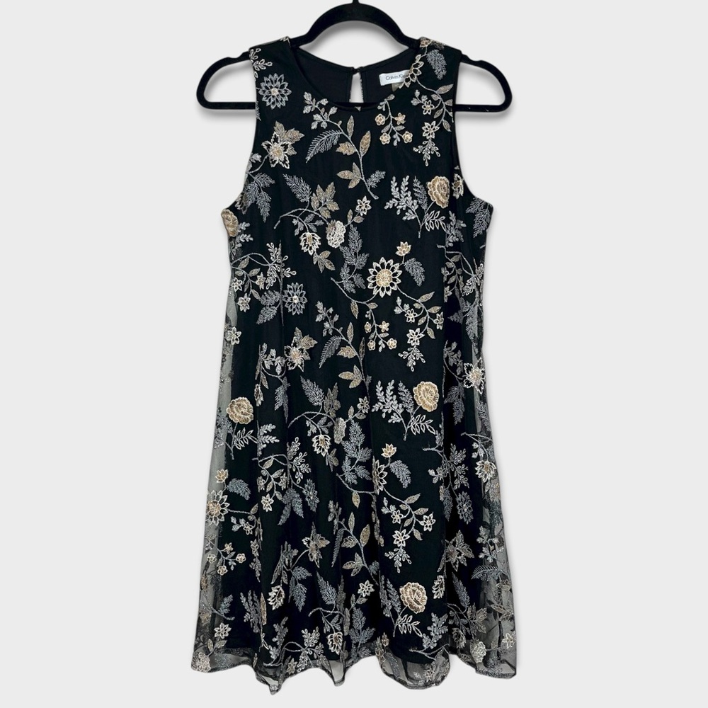 Calvin Klein Floral Embroidered Dress 10 Metallic Knee Midi Feminine‎ Glam